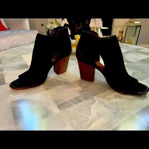 Open toe black suede booties